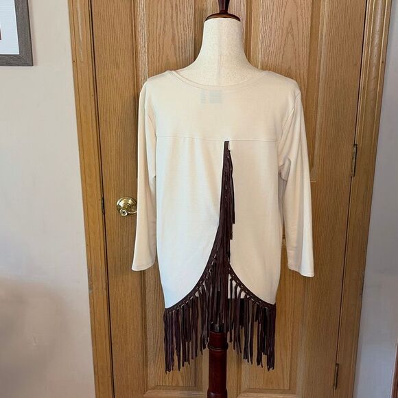 NWOT Cruel Denim Fringe Back Hem Western Cream Top Large - Picture 1 of 7